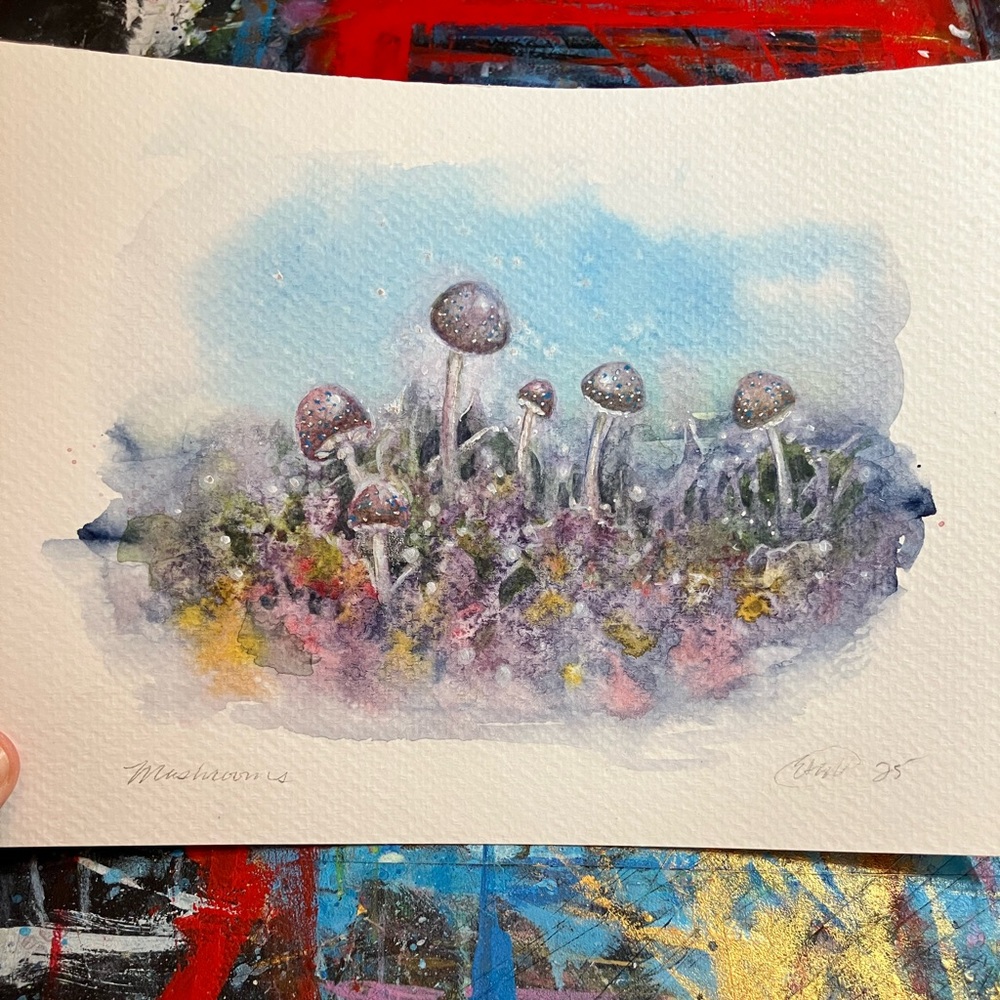 Original painting Mushroom Watercolor Art Fantasy Forest Decor nature Artettina